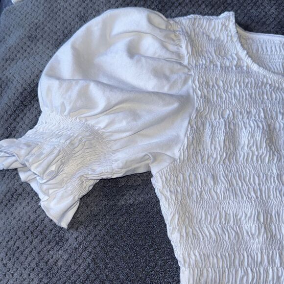 PARIS ATELIER & Other Stories White Smocked Puff Sleeve Ruffle Hem Cotton ~Small - Picture 3 of 7